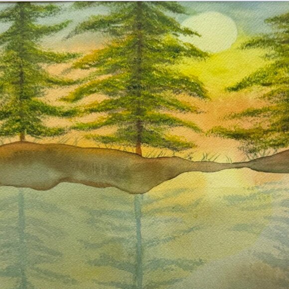 Painting Watercolor Sunset Trees Lake Landscape Green Blue11x14 and Mat 16x20 - Picture 2 of 3